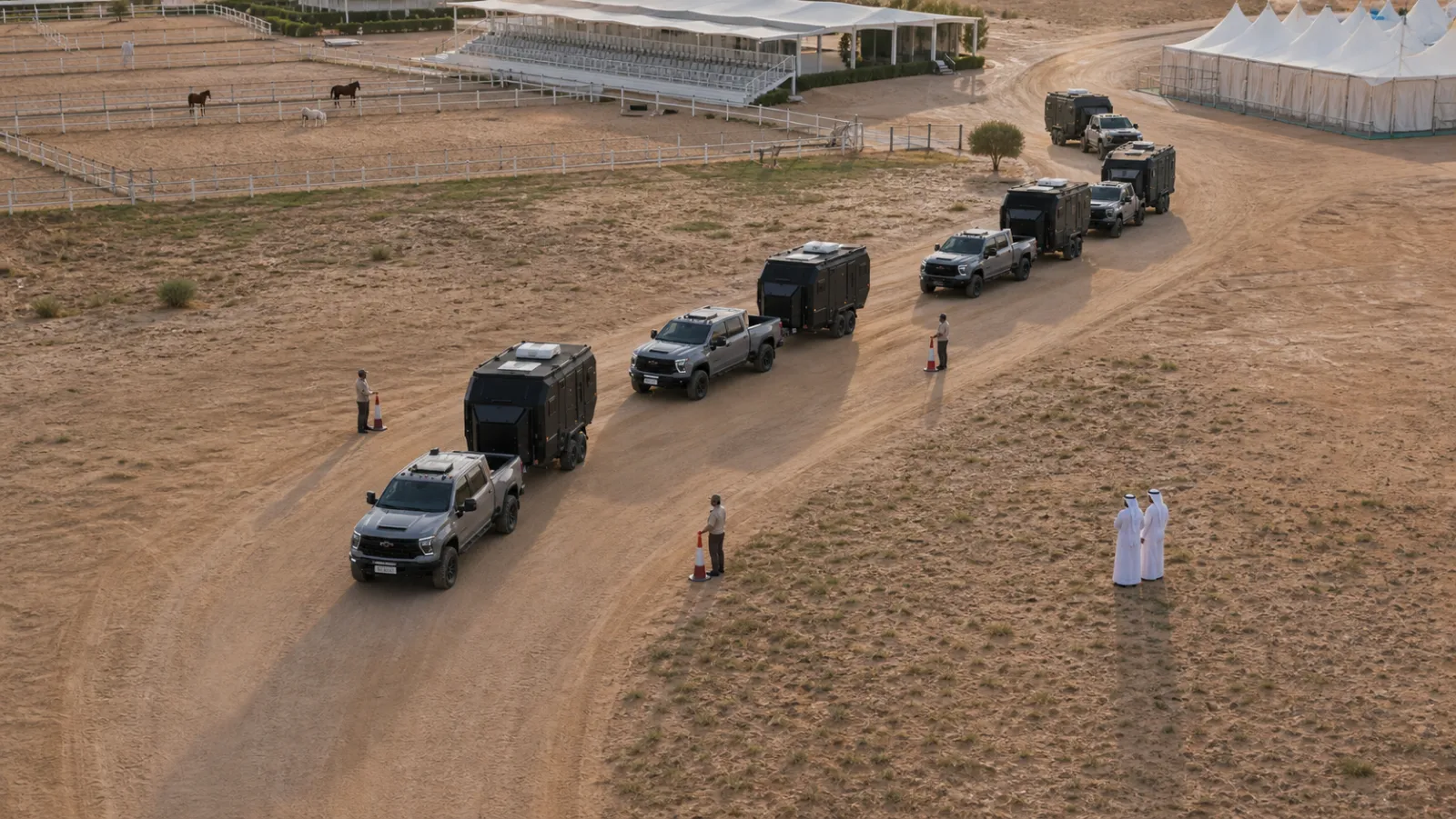 Seen from above, pickups towing black caravans onto an equestrian ground at first light, marquees at the far end