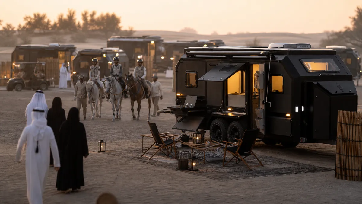 Riders bringing their horses back past a caravan at first light, chairs and lanterns on the sand