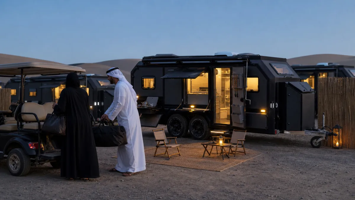 A couple unloading their bags from a buggy in front of their caravan at dusk