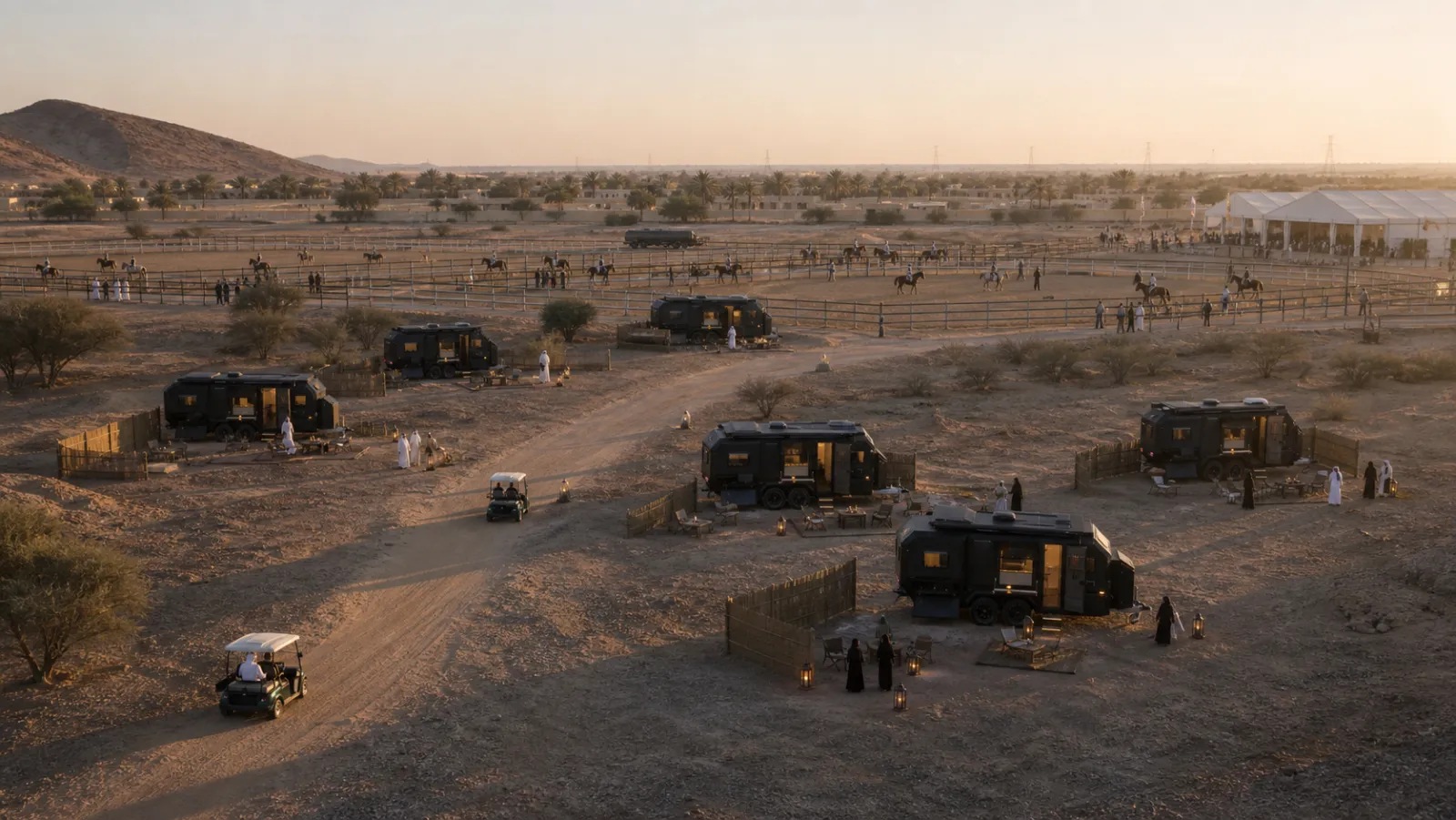 A camp of black caravans spread across open ground beside an event village of white tents, with horses, riders and guests