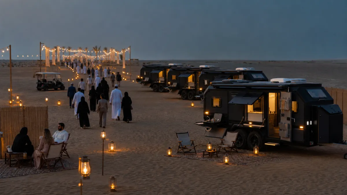 Guests in evening dress walking along a lantern lit path past a row of caravans