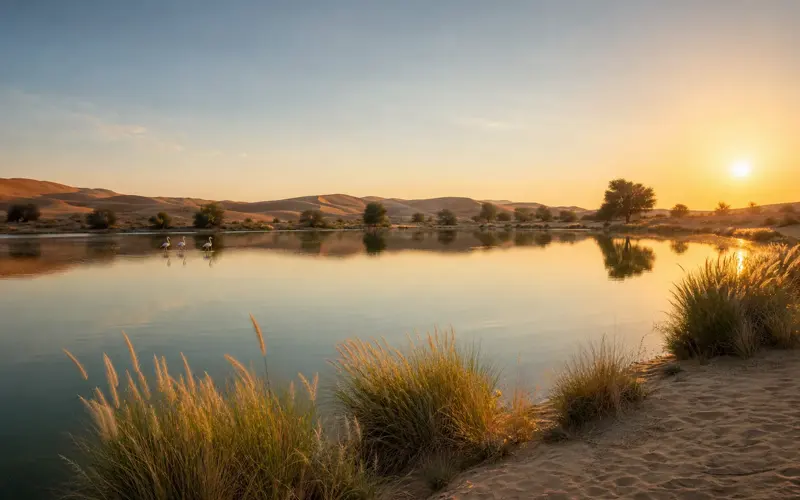 A desert lake at sunset, reeds in the foreground