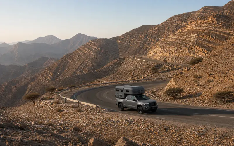 A pickup camper on a mountain road through bare Hajar rock
