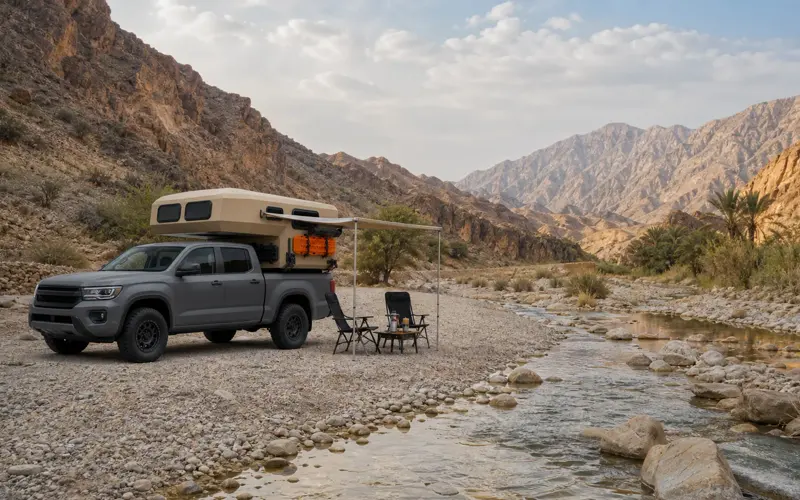 A pickup camper parked by a stream in a wadi between mountains
